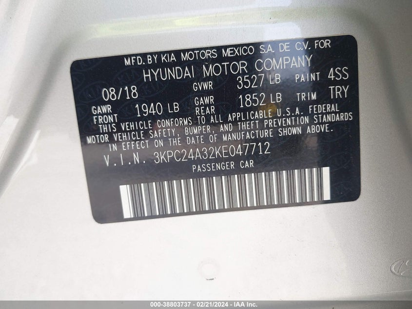 VIN 3KPC24A32KE047712 2019 HYUNDAI ACCENT SEL