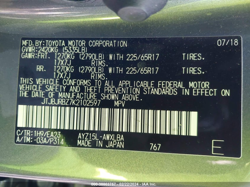 VIN JTJBJRBZ7K2102597 2019 LEXUS NX 300H