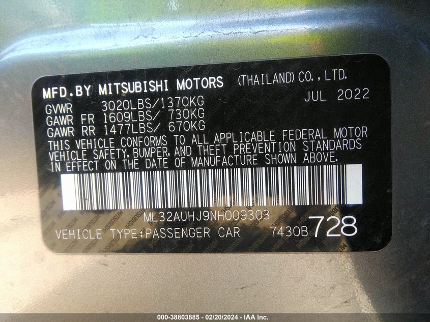 2022 MITSUBISHI MIRAGE ES/LE - ML32AUHJ9NH009303
