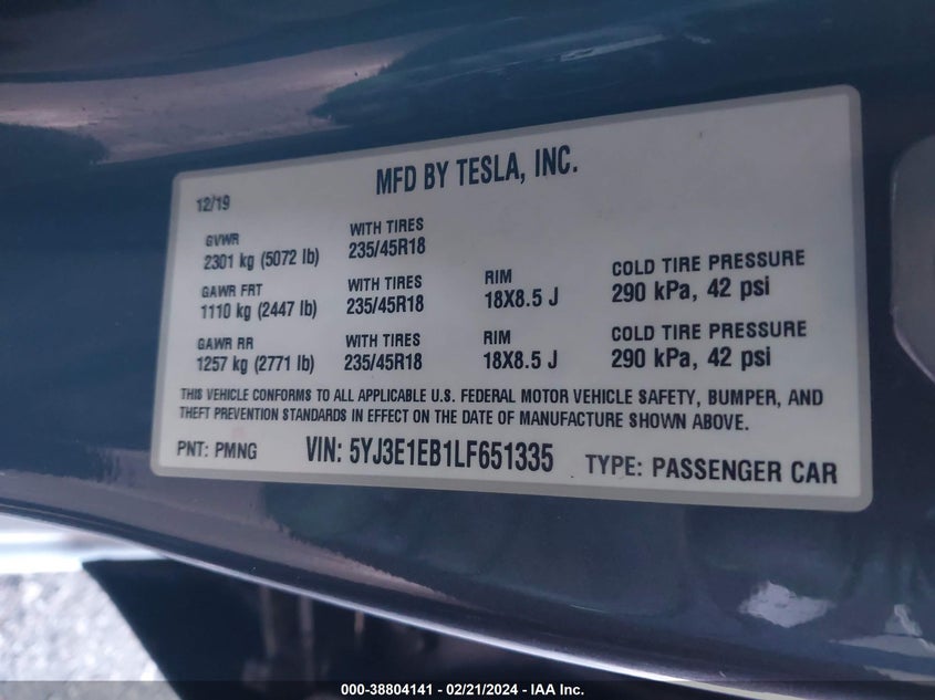 VIN 5YJ3E1EB1LF651335 2020 TESLA MODEL 3