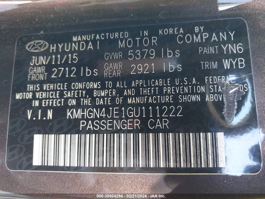 2016 HYUNDAI GENESIS 3.8L - KMHGN4JE1GU111222