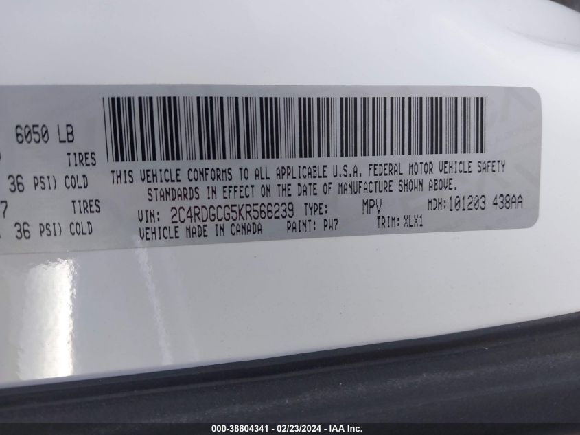 2C4RDGCG5KR566239 2019 Dodge Grand Caravan Sxt