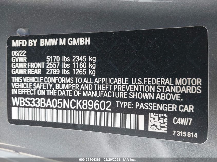 2022 BMW M4 Competition xDrive VIN: WBS33BA05NCK89602 Lot: 38804365