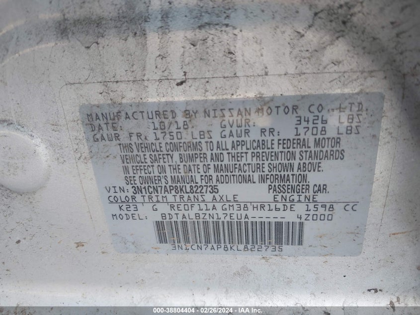 2019 NISSAN VERSA S/S PLUS/SV - 3N1CN7AP8KL822735