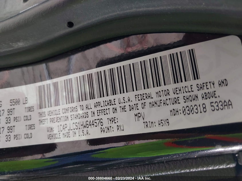VIN 1C4PJLCS1HW644576 2017 JEEP CHEROKEE LATITUDE FWD