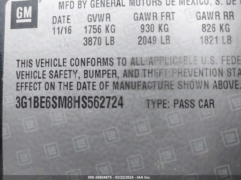 2017 Chevrolet Cruze Lt Auto VIN: 3G1BE6SM8HS562724 Lot: 38804675