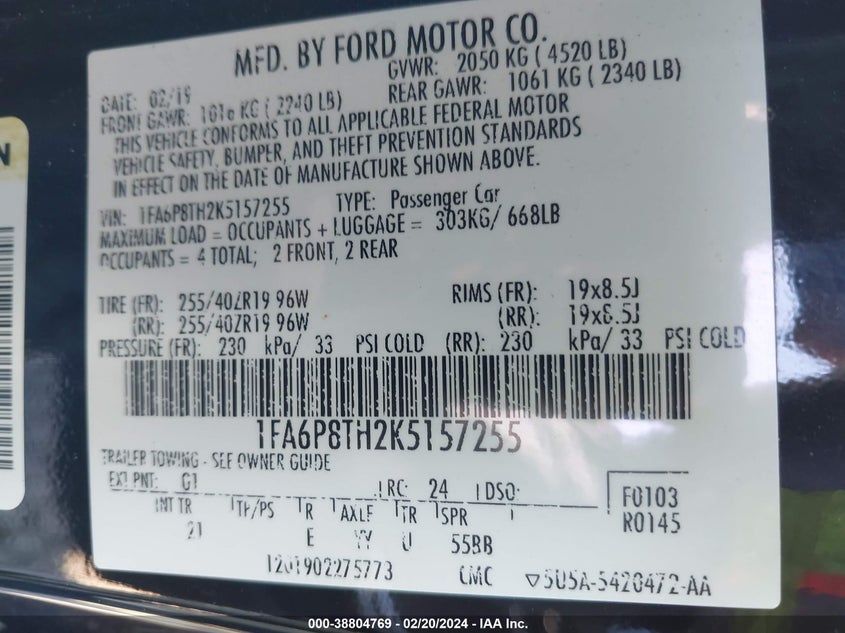 VIN 1FA6P8TH2K5157255 2019 FORD MUSTANG ECOBOOST