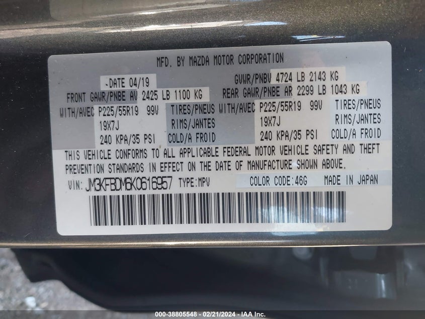 VIN JM3KFBDM6K0616957 2019 MAZDA CX-5 GRAND TOURING