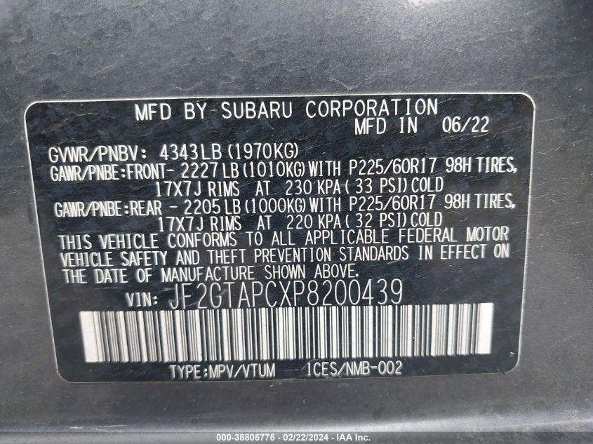 JF2GTAPCXP8200439 2023 Subaru Crosstrek Premium