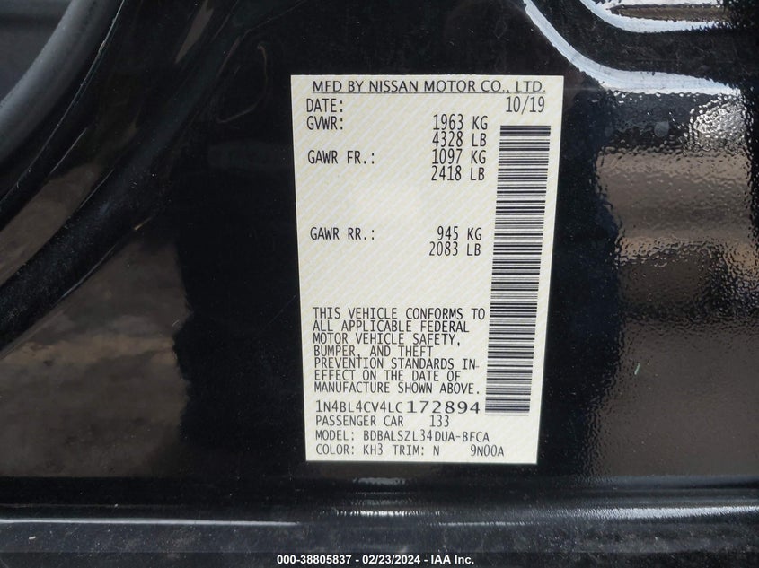 VIN 1N4BL4CV4LC172894 2020 NISSAN ALTIMA SR FWD
