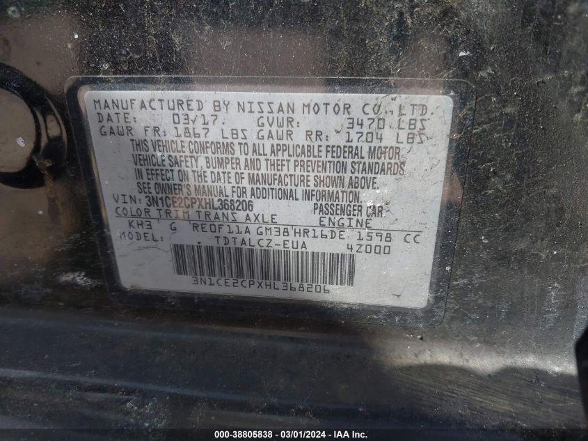 3N1CE2CPXHL368206 2017 Nissan Versa Note