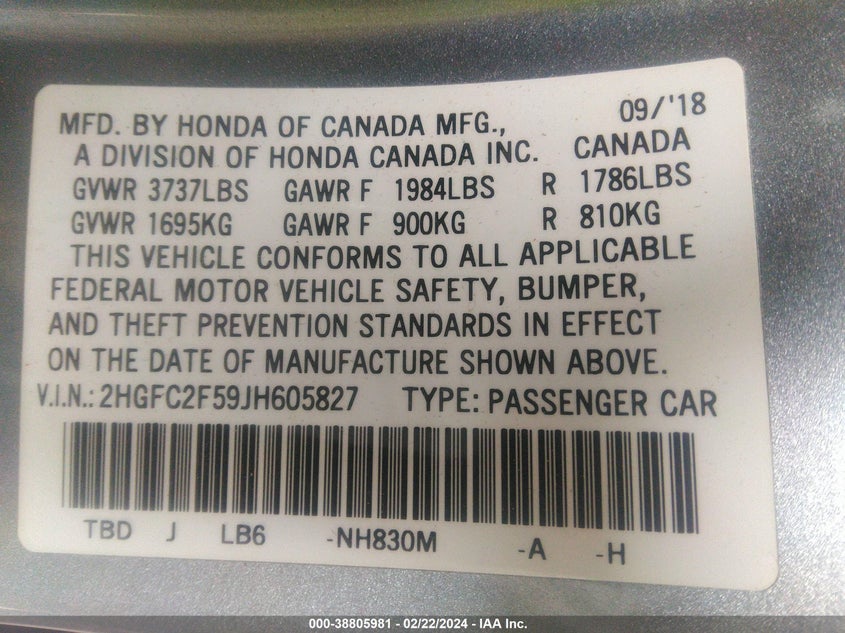 2018 HONDA CIVIC VIN: 2HGFC2F59JH605827