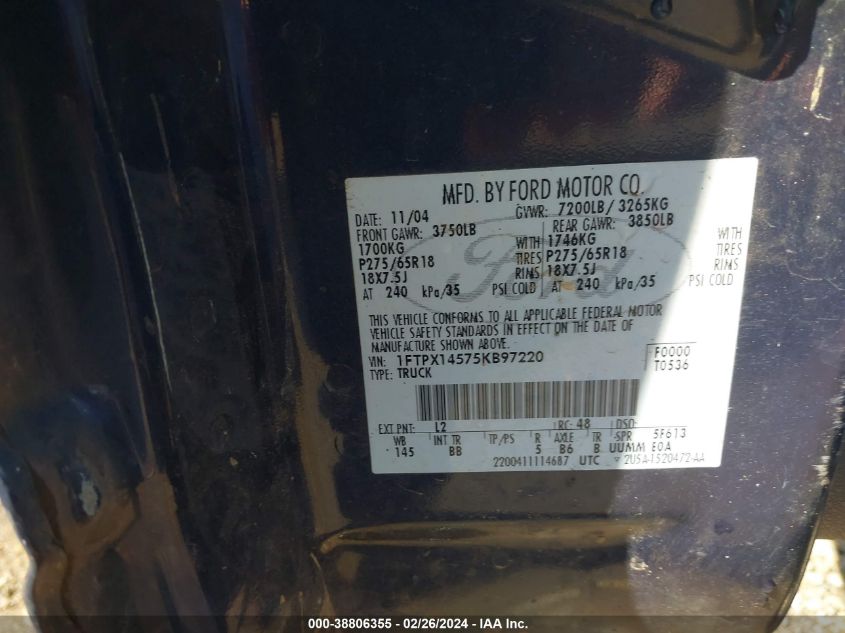 2005 Ford F-150 Fx4/Lariat/Xl/Xlt VIN: 1FTPX14575KB97220 Lot: 39749659