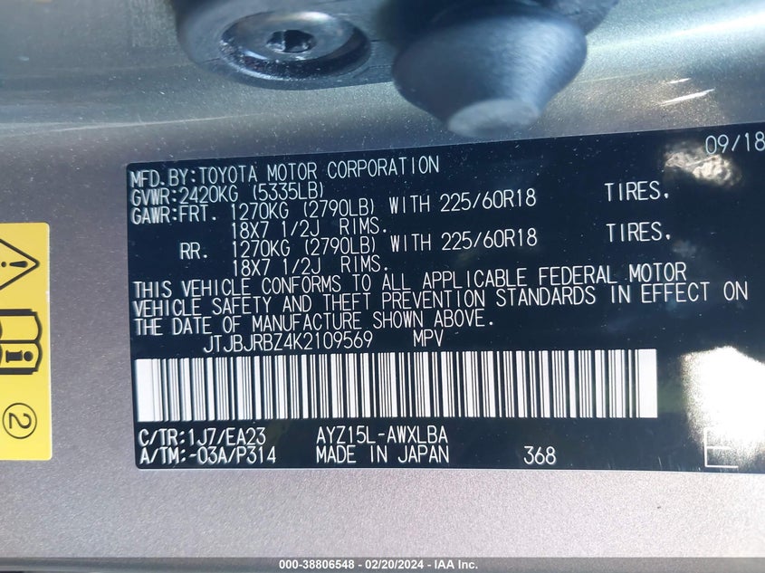 VIN JTJBJRBZ4K2109569 2019 LEXUS NX 300H