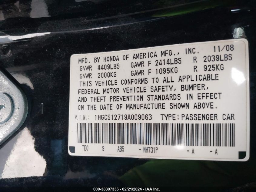 2009 Honda Accord 2.4 Ex VIN: 1HGCS12719A009063 Lot: 38807335