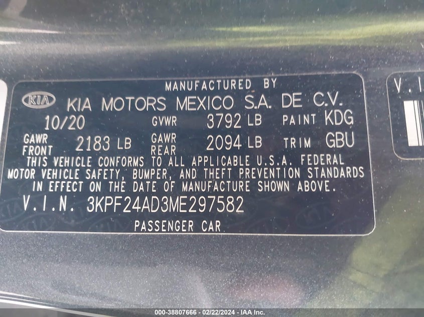 VIN 3KPF24AD3ME297582 2021 KIA FORTE FE/LXS