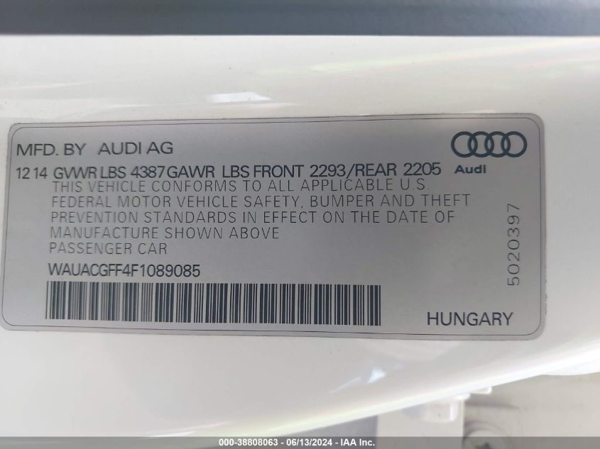 2015 Audi A3 1.8T Premium VIN: WAUACGFF4F1089085 Lot: 38808063