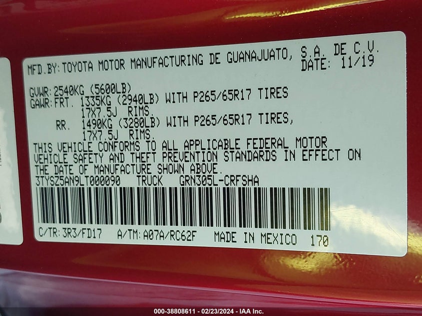 VIN 3TYSZ5AN9LT000090 2020 TOYOTA TACOMA TRD SPORT