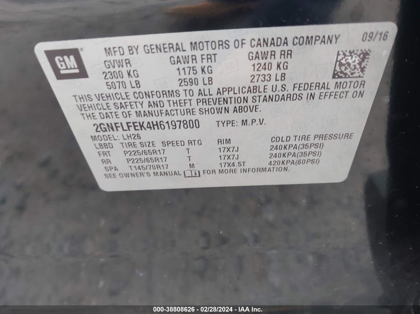 VIN 2GNFLFEK4H6197800 2017 CHEVROLET EQUINOX LT