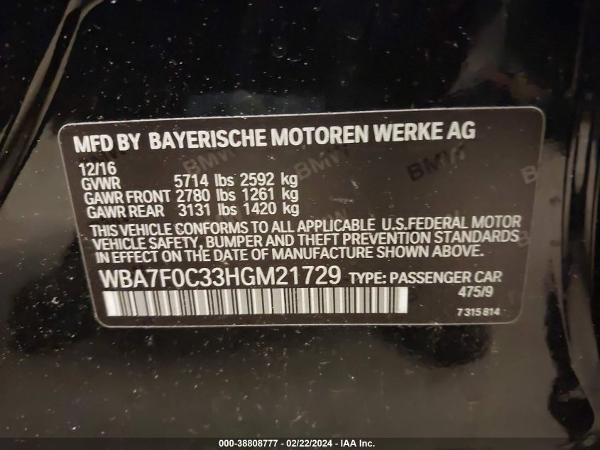 2017 BMW 750I VIN: WBA7F0C33HGM21729 Lot: 38808777