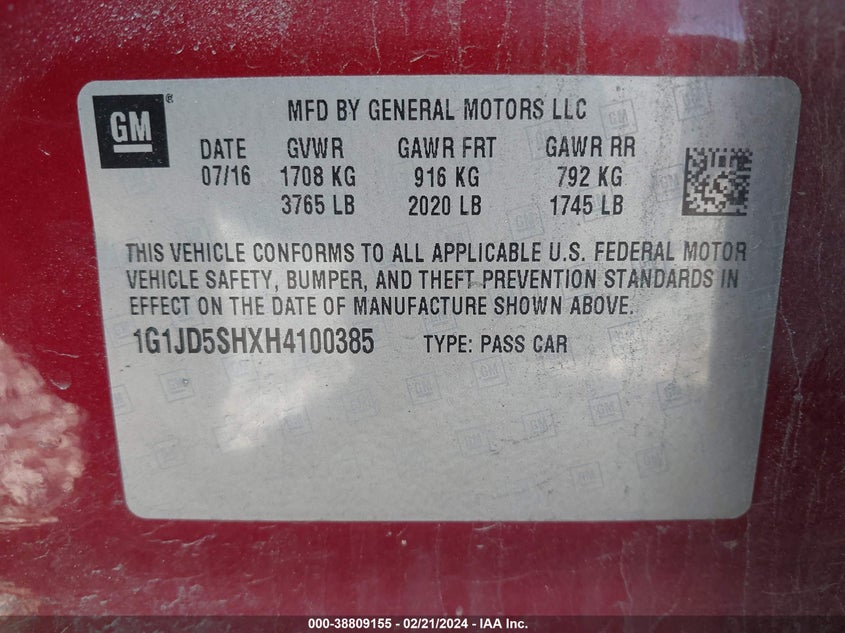 2017 CHEVROLET SONIC LT AUTO - 1G1JD5SHXH4100385