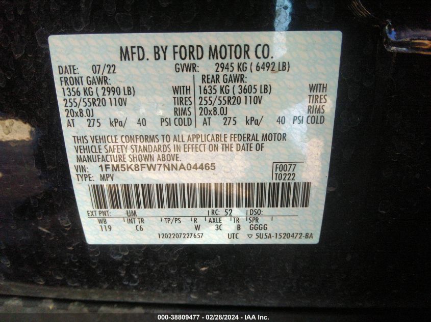 1FM5K8FW7NNA04465 2022 Ford Explorer Limited