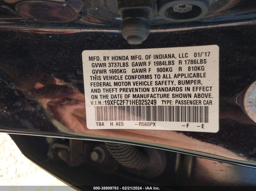 2017 HONDA CIVIC EX - 19XFC2F71HE025249