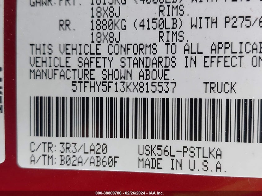 2019 TOYOTA TUNDRA LIMITED 5.7L V8 - 5TFHY5F13KX815537