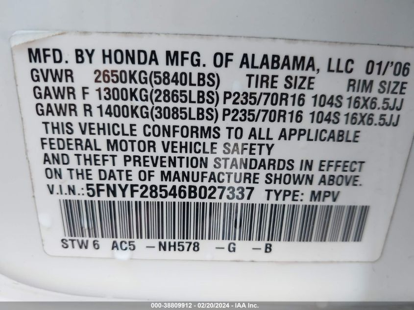 2006 Honda Pilot Ex-L VIN: 5FNYF28546B027337 Lot: 38809912