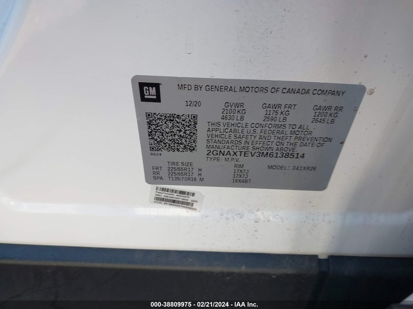 2021 CHEVROLET EQUINOX 1.5L I4 FI DOHC 16V (VIN: 2GNAXTEV3M6138514