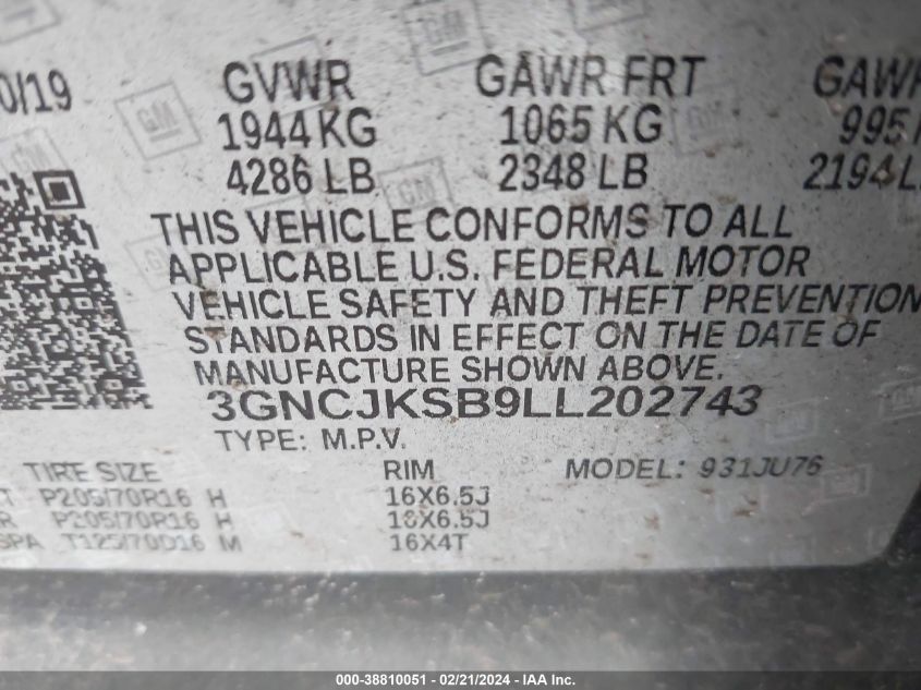 2020 Chevrolet Trax Fwd Ls VIN: 3GNCJKSB9LL202743 Lot: 38810051