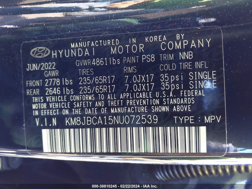 VIN KM8JBCA15NU072539 2022 HYUNDAI TUCSON HYBRID BLUE