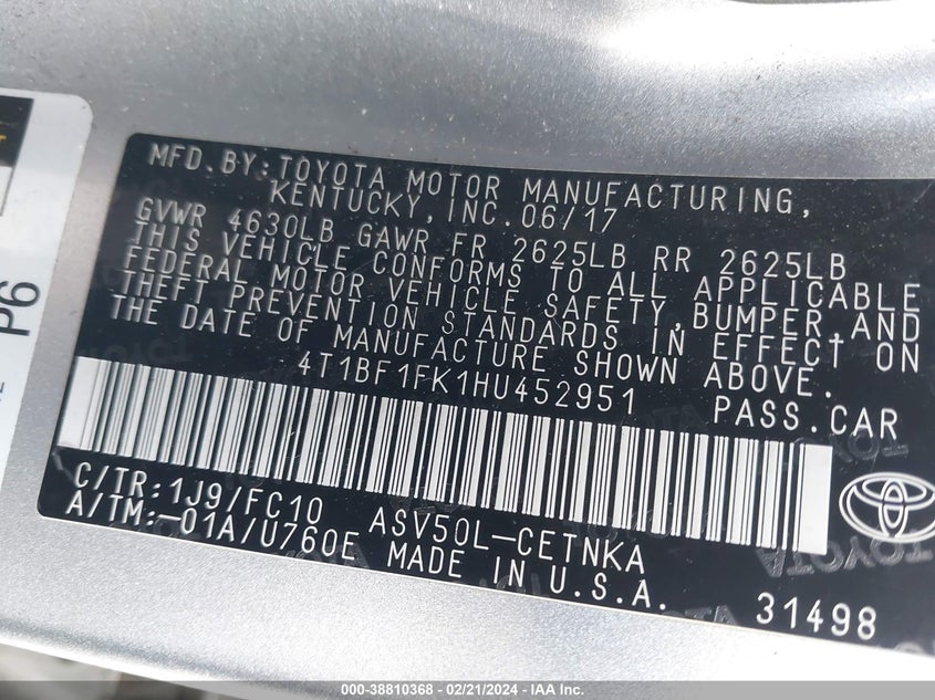 2017 TOYOTA CAMRY LE/XLE/SE/XSE - 4T1BF1FK1HU452951