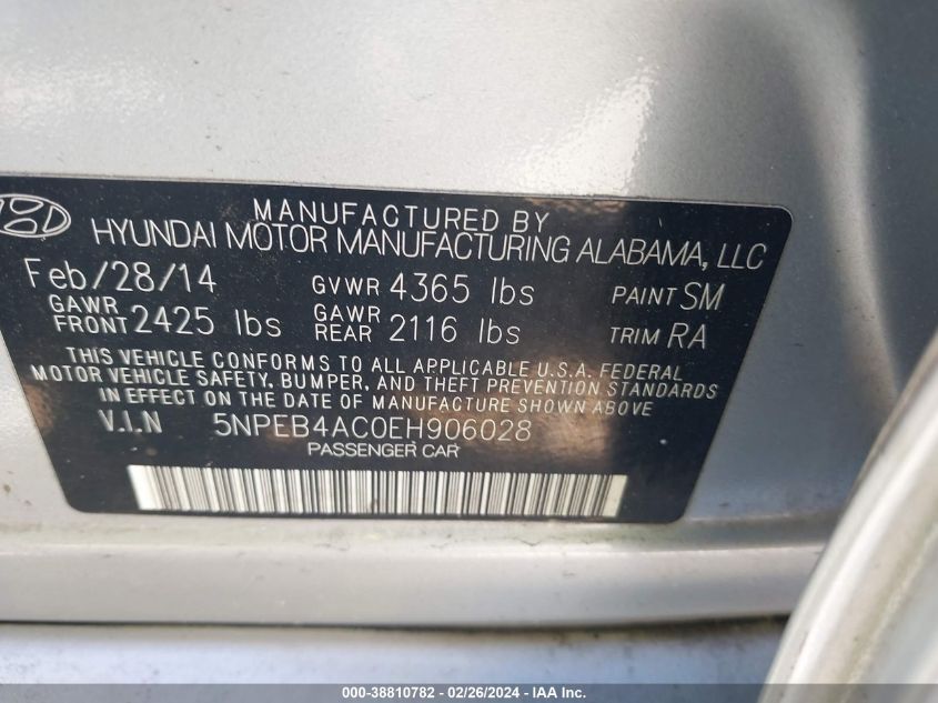 2014 Hyundai Sonata Gls VIN: 5NPEB4AC0EH906028 Lot: 38810782