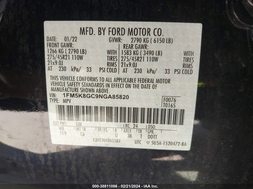 2022 FORD EXPLORER 3.0L V-6 DI, DOHC, V(VIN: 1FM5K8GC9NGA85820