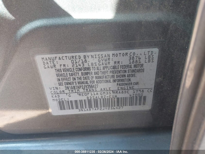VIN 3N1AB7AP2JY256427 2018 NISSAN SENTRA S/SV/SR/SL