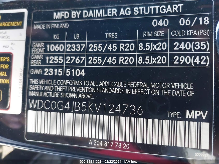 2019 MERCEDES-BENZ GLC 300 VIN: WDC0G4JB5KV124736