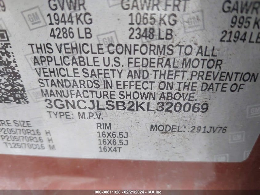 2019 CHEVROLET TRAX LT - 3GNCJLSB2KL320069