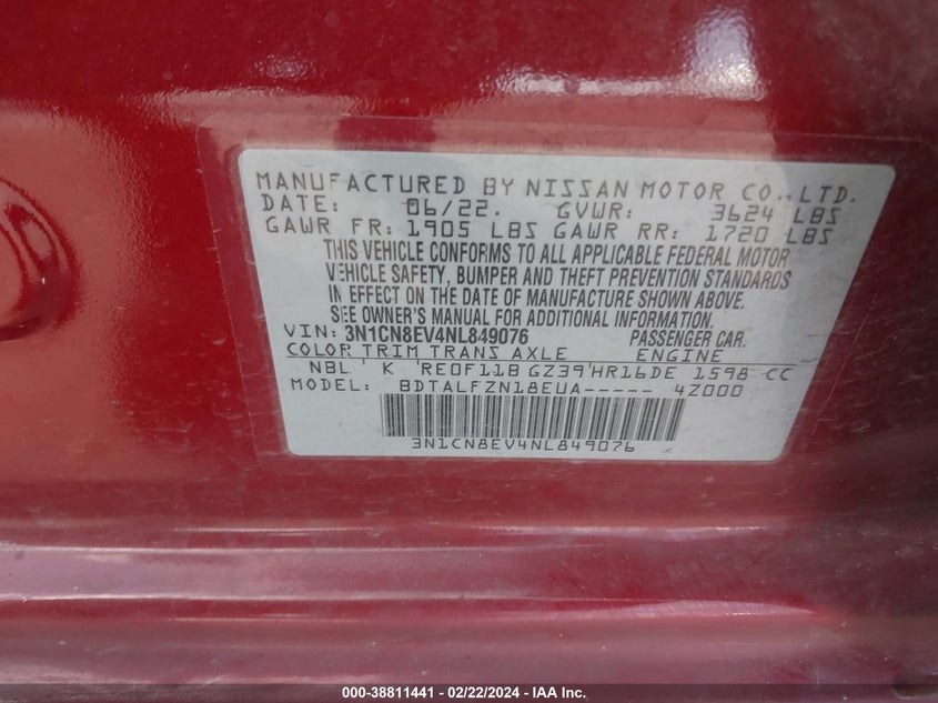 2022 NISSAN VERSA 1.6 SV XTRONIC CVT - 3N1CN8EV4NL849076