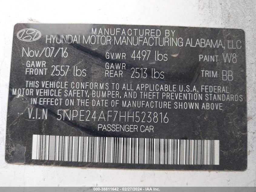 VIN 5NPE24AF7HH523816 2017 HYUNDAI SONATA SE