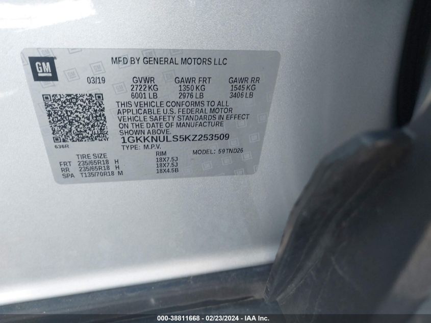 1GKKNULS5KZ253509 2019 GMC Acadia Slt-1