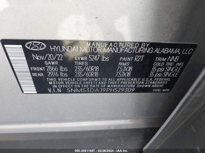 2023 Hyundai Santa Fe Sel VIN: 5NMS3DAJ9PH529309 Lot: 38811697