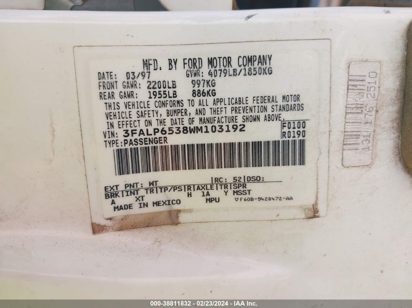 1998 Ford Contour VIN: 3FALP6538WM103192 Lot: 38811832