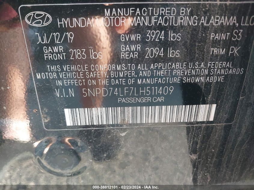 2020 Hyundai Elantra Se VIN: 5NPD74LF7LH511409 Lot: 38812101