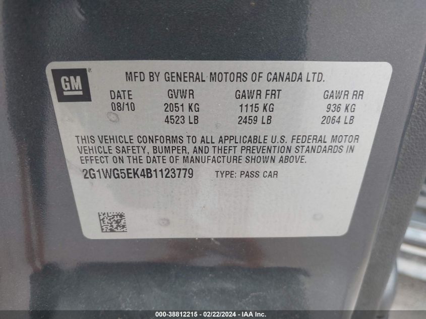 2011 Chevrolet Impala Lt VIN: 2G1WG5EK4B1123779 Lot: 38812215