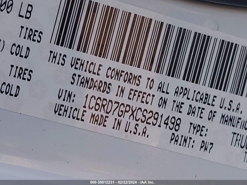 2012 Ram 1500 Slt VIN: 1C6RD7GPXCS291498 Lot: 38812231