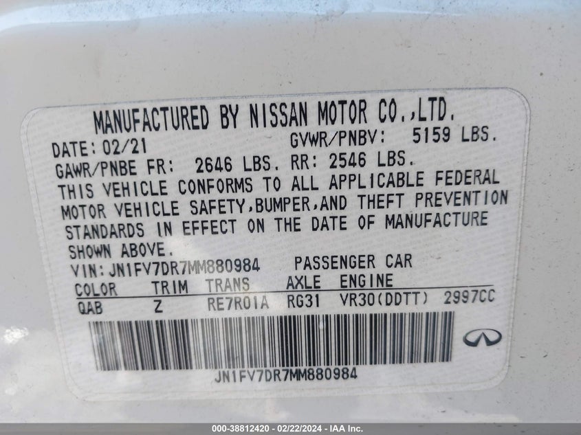 VIN JN1FV7DR7MM880984 2021 INFINITI Q50 RED SPORT 400 AWD