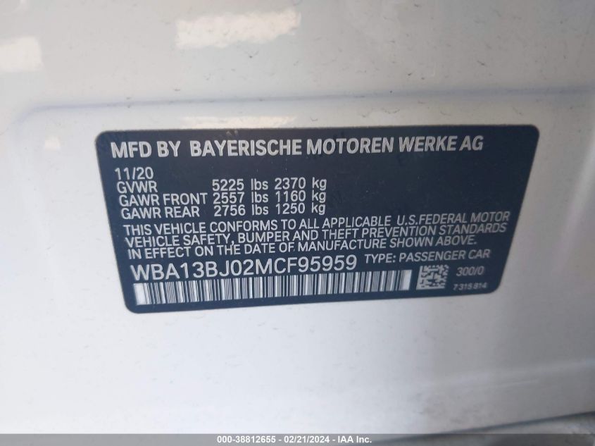 2021 BMW 5 Series 530I xDrive VIN: WBA13BJ02MCF95959 Lot: 38812655