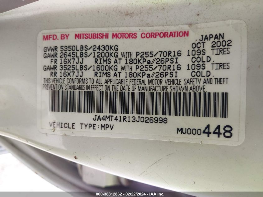 2003 Mitsubishi Montero Sport Ltd VIN: JA4MT41R13J026998 Lot: 38812862