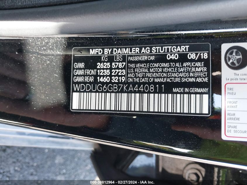 2019 Mercedes-Benz S 450 VIN: WDDUG6GB7KA440811 Lot: 38812964